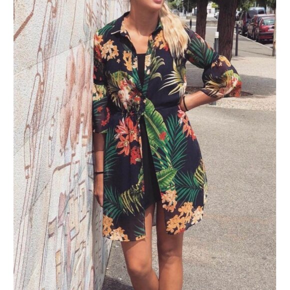 Zara Tropical Print Chiffon Cover Up Tunic Size Medium - Picture 1 of 10